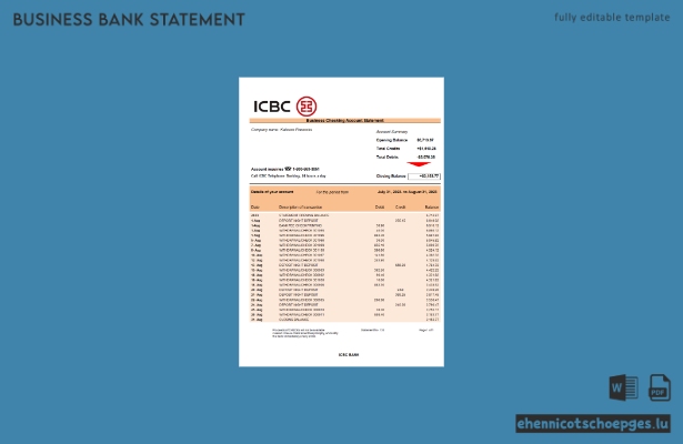 Beispiel eines Kontoauszugs vom Geschäftskonto der ICBC Bank (Word- und PDF-Datei)